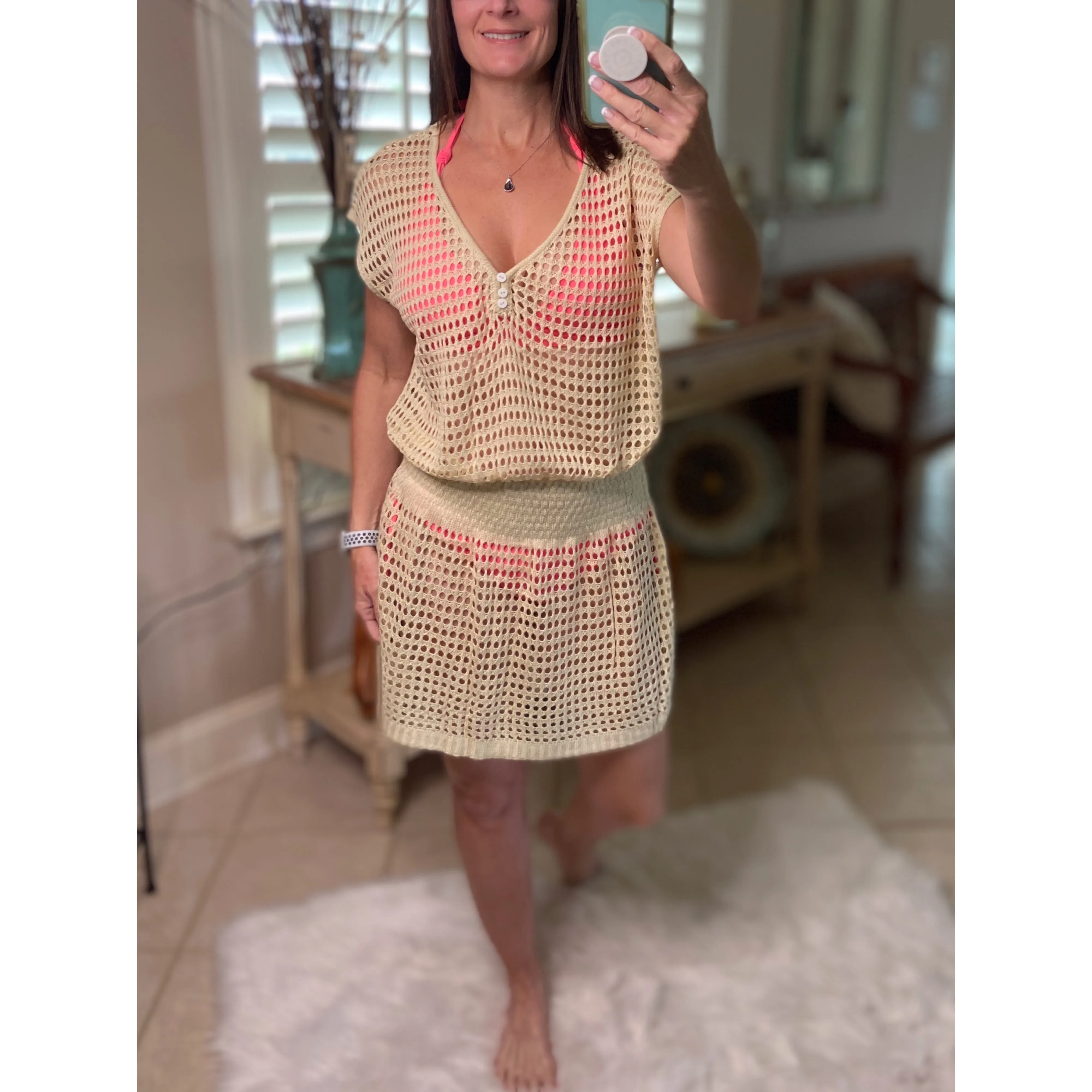 “Ocean Eyes” Crochet Mesh V Neck Mini Beach Swimsuit Cover Up Beach Pool Beige One Size