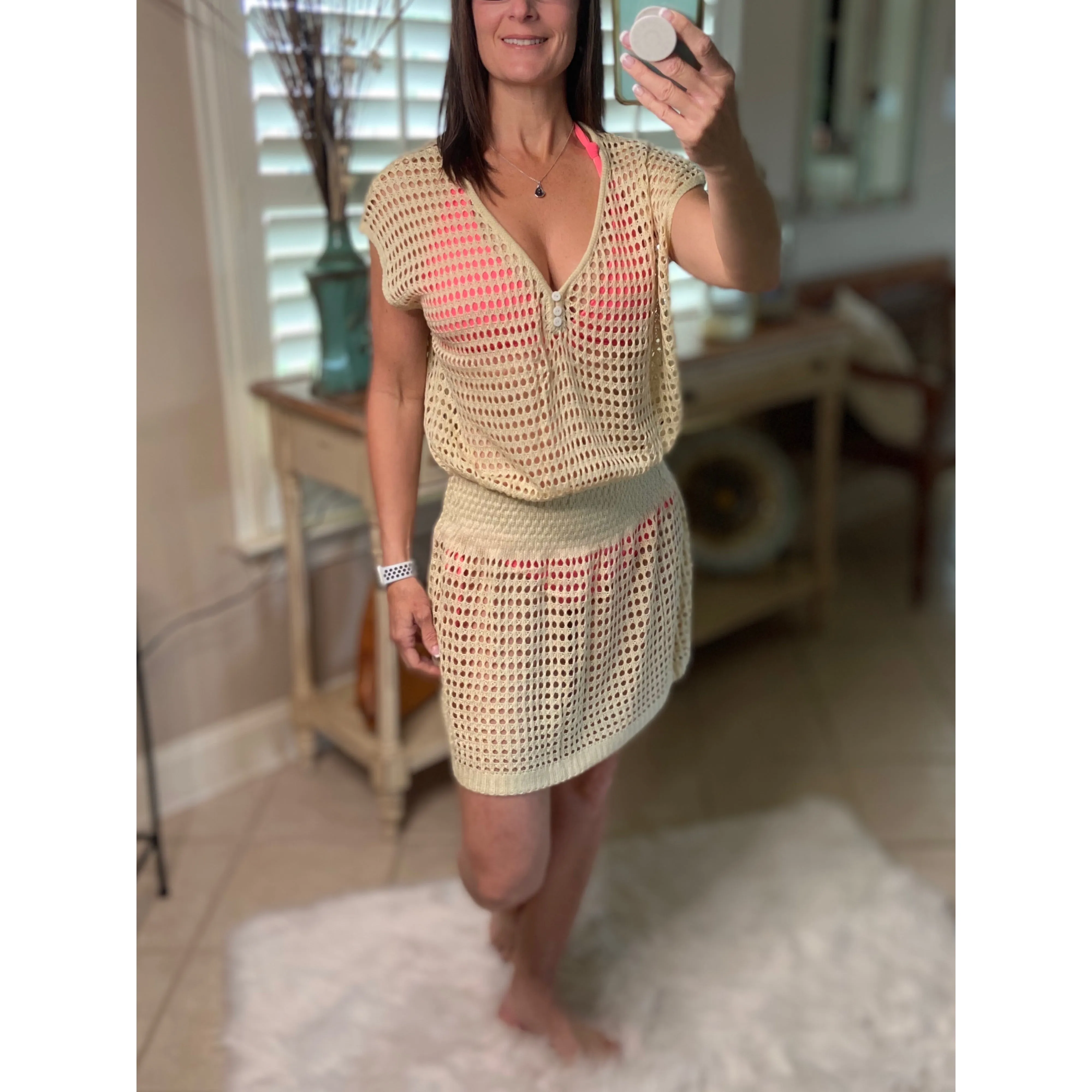 “Ocean Eyes” Crochet Mesh V Neck Mini Beach Swimsuit Cover Up Beach Pool Beige One Size