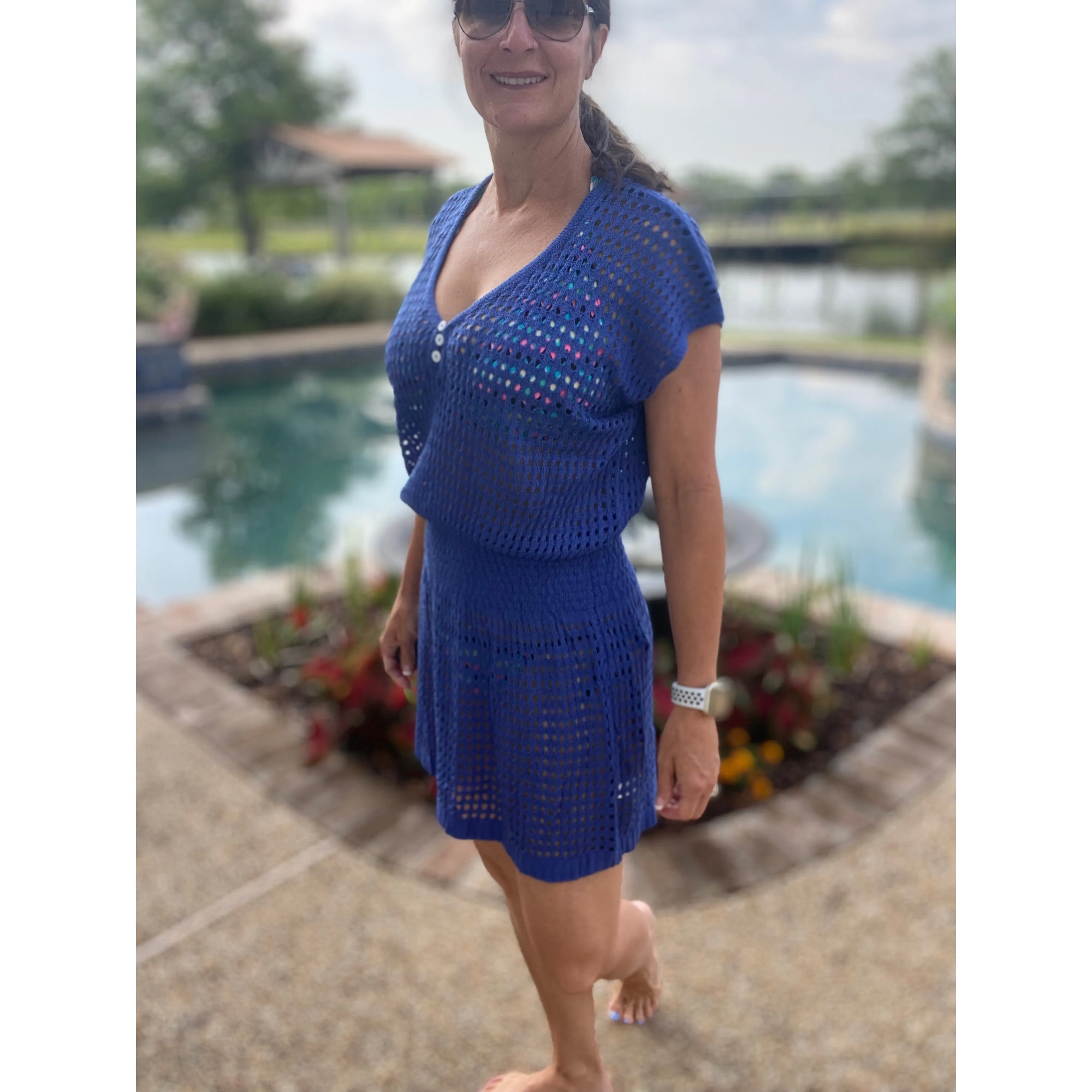“Ocean Eyes” Crochet Mesh V Neck Mini Beach Swimsuit Cover Up Beach Pool Royal Blue One Size