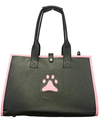 PET LIFE Posh Paw' Designer Fashion Travel Folding Pet Dog Carrier, One Size, Black/With Pink Paw Print