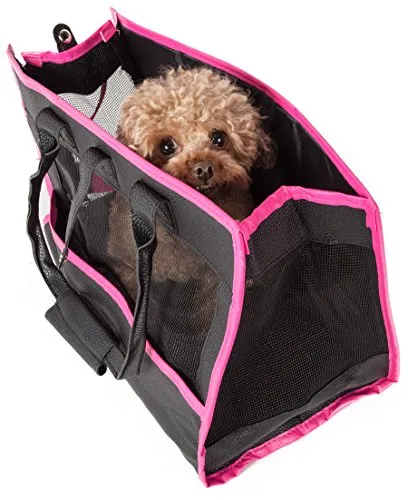 PET LIFE Posh Paw' Designer Fashion Travel Folding Pet Dog Carrier, One Size, Black/With Pink Paw Print