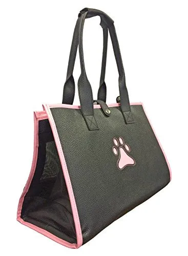PET LIFE Posh Paw' Designer Fashion Travel Folding Pet Dog Carrier, One Size, Black/With Pink Paw Print