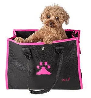 PET LIFE Posh Paw' Designer Fashion Travel Folding Pet Dog Carrier, One Size, Black/With Pink Paw Print