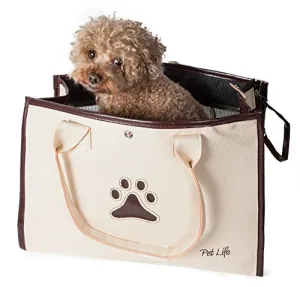 PET LIFE Posh Paw' Designer Fashion Travel Folding Pet Dog Carrier, One Size, White/Brown Paw Print