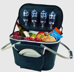 Picnic at Ascot Collapsible Insulated Picnic Basket For Four Navy/Trellis Blue