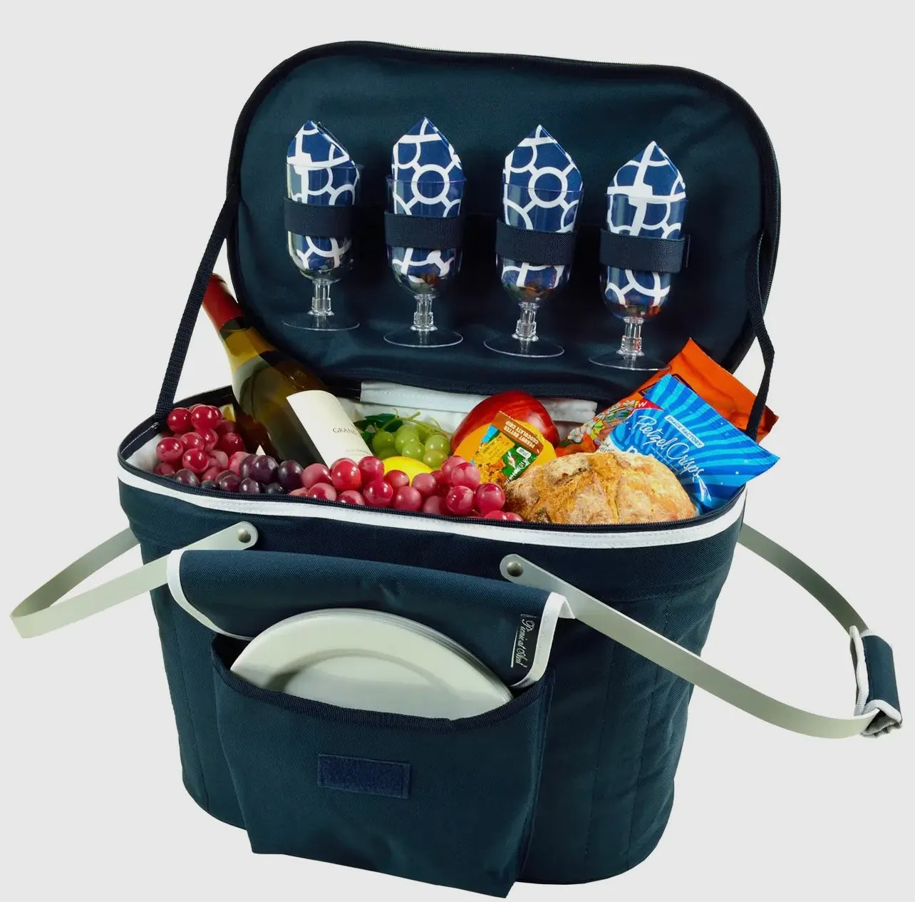 Picnic at Ascot Collapsible Insulated Picnic Basket For Four Navy/Trellis Blue