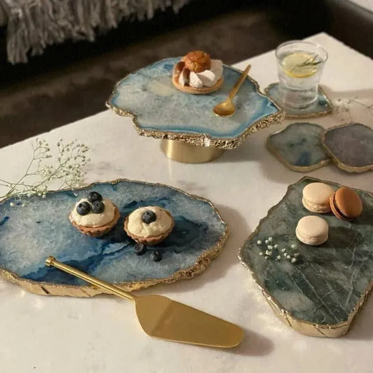 Serein Decor Blue Agate Cheese Board with Gold Trim