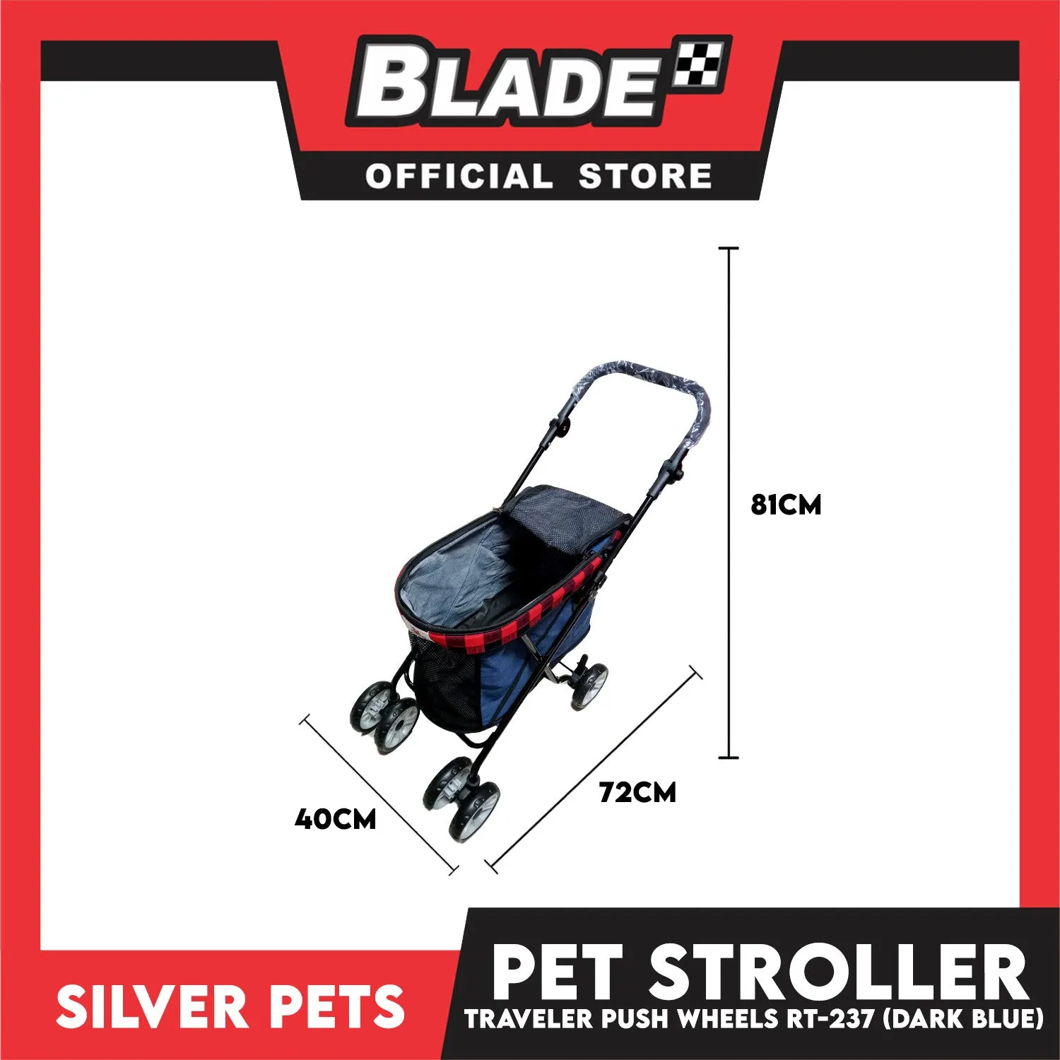 Silver Pet Foldable 4-Wheeled Travel Stroller For Dog And Cat Accessories (Dark Blue) RT-237