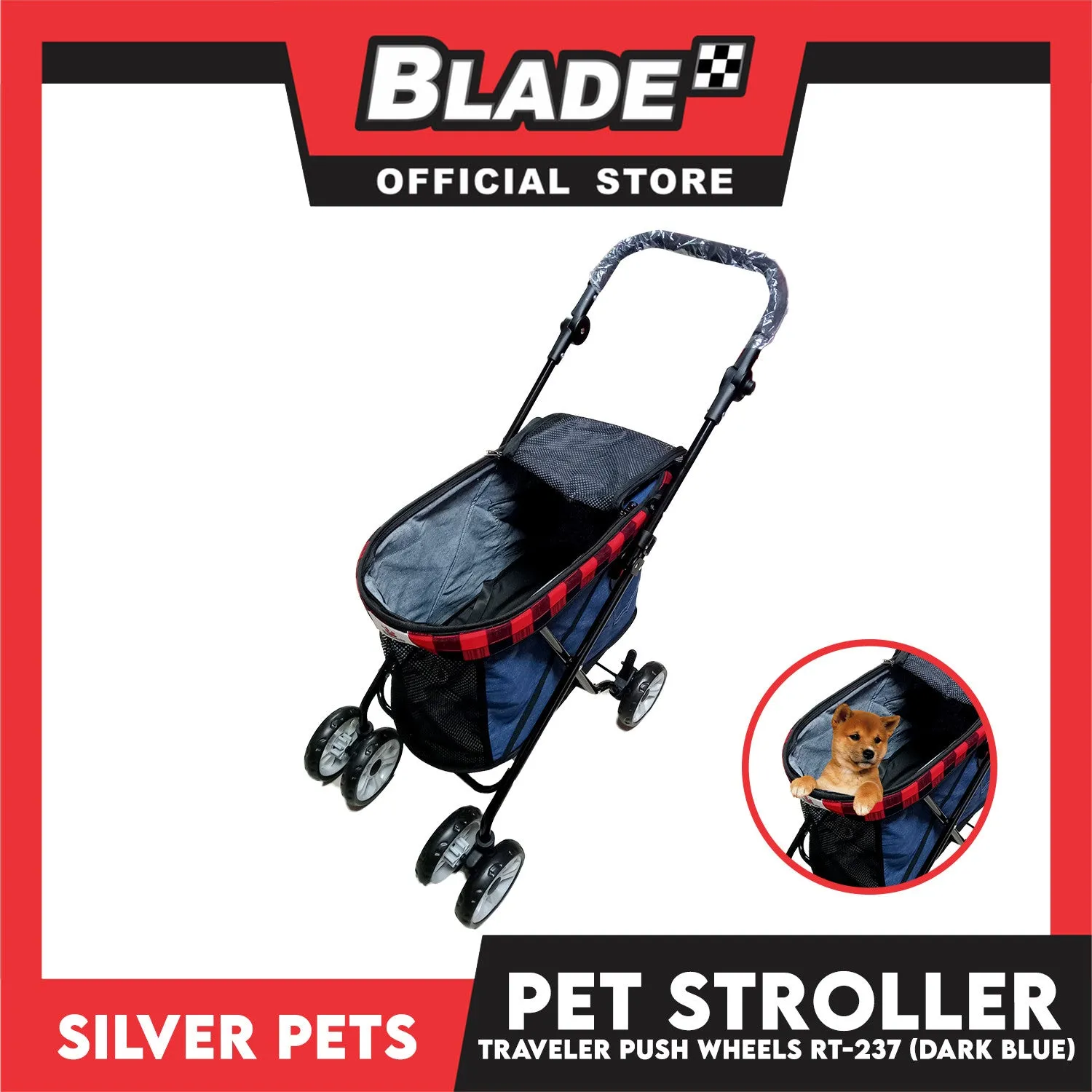 Silver Pet Foldable 4-Wheeled Travel Stroller For Dog And Cat Accessories (Dark Blue) RT-237