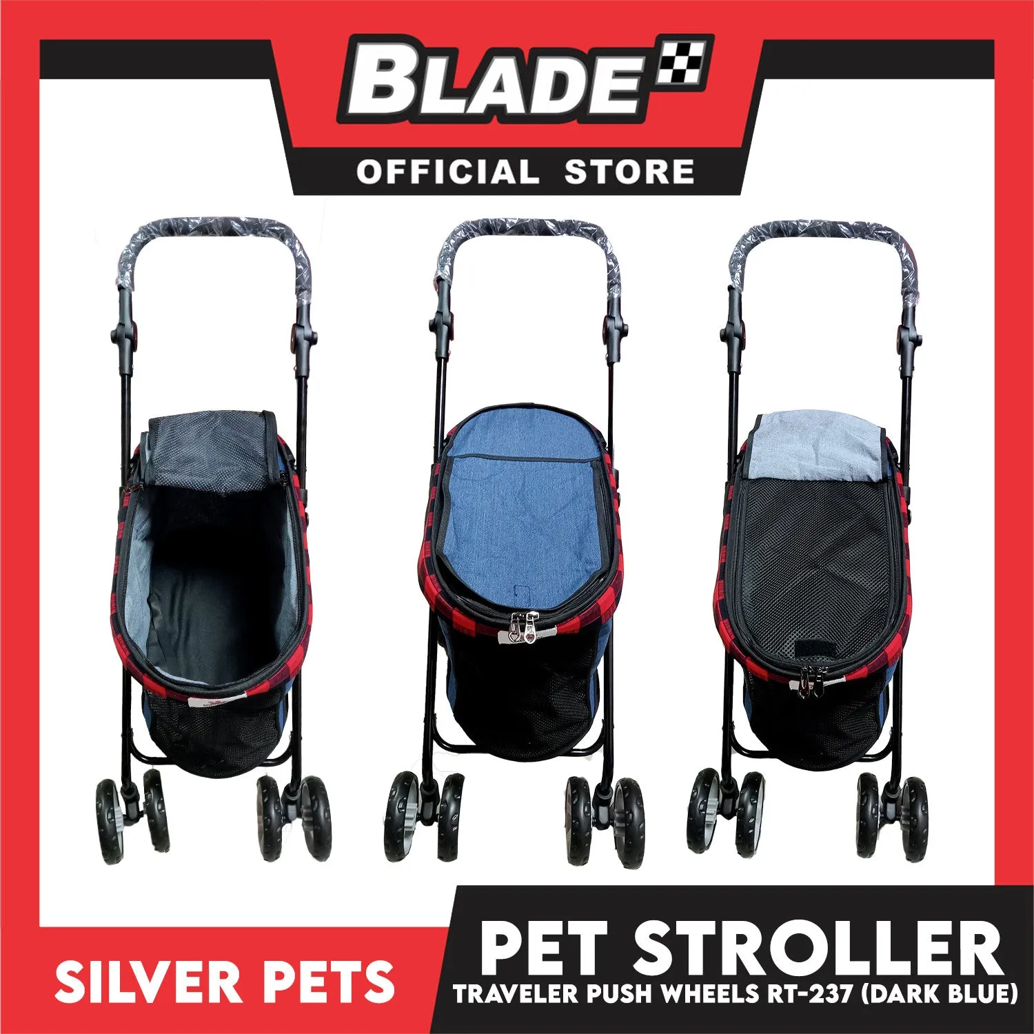 Silver Pet Foldable 4-Wheeled Travel Stroller For Dog And Cat Accessories (Dark Blue) RT-237