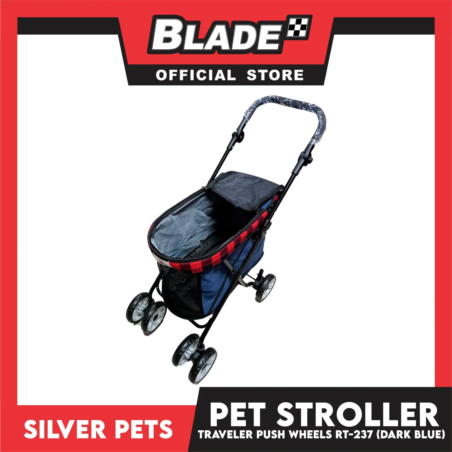 Silver Pet Foldable 4-Wheeled Travel Stroller For Dog And Cat Accessories (Dark Blue) RT-237