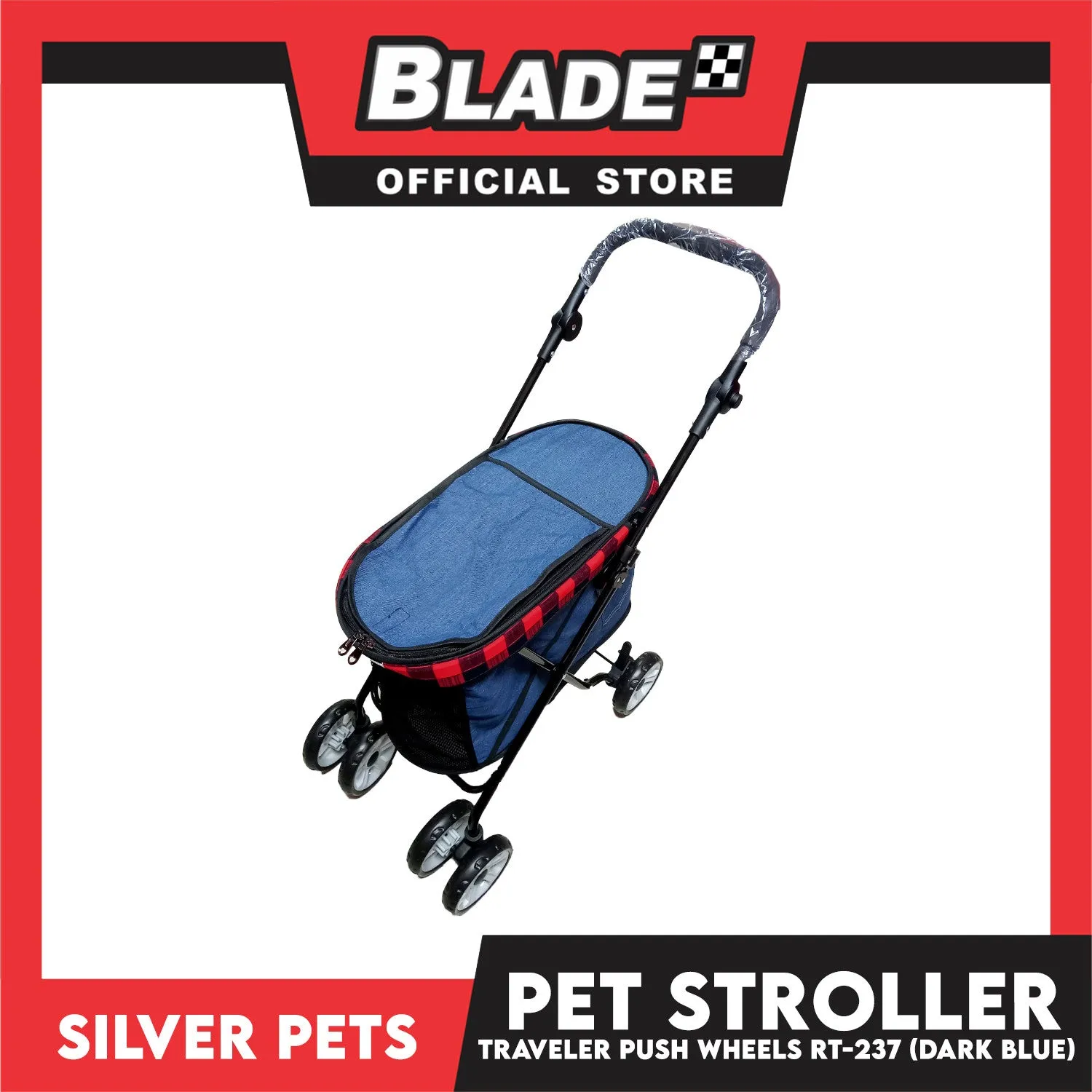 Silver Pet Foldable 4-Wheeled Travel Stroller For Dog And Cat Accessories (Dark Blue) RT-237