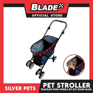 Silver Pet Foldable 4-Wheeled Travel Stroller For Dog And Cat Accessories (Dark Blue) RT-237