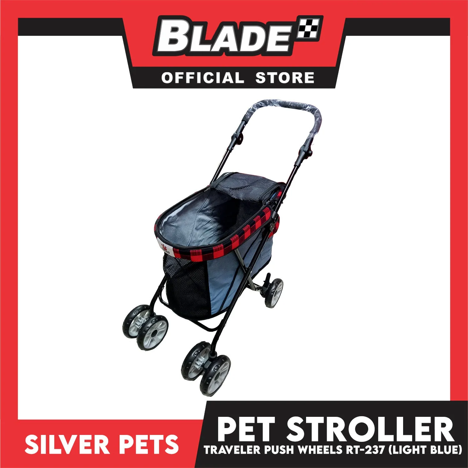 Silver Pet Foldable 4-Wheeled Travel Stroller For Dog And Cat Accessories (Light Blue) RT-237