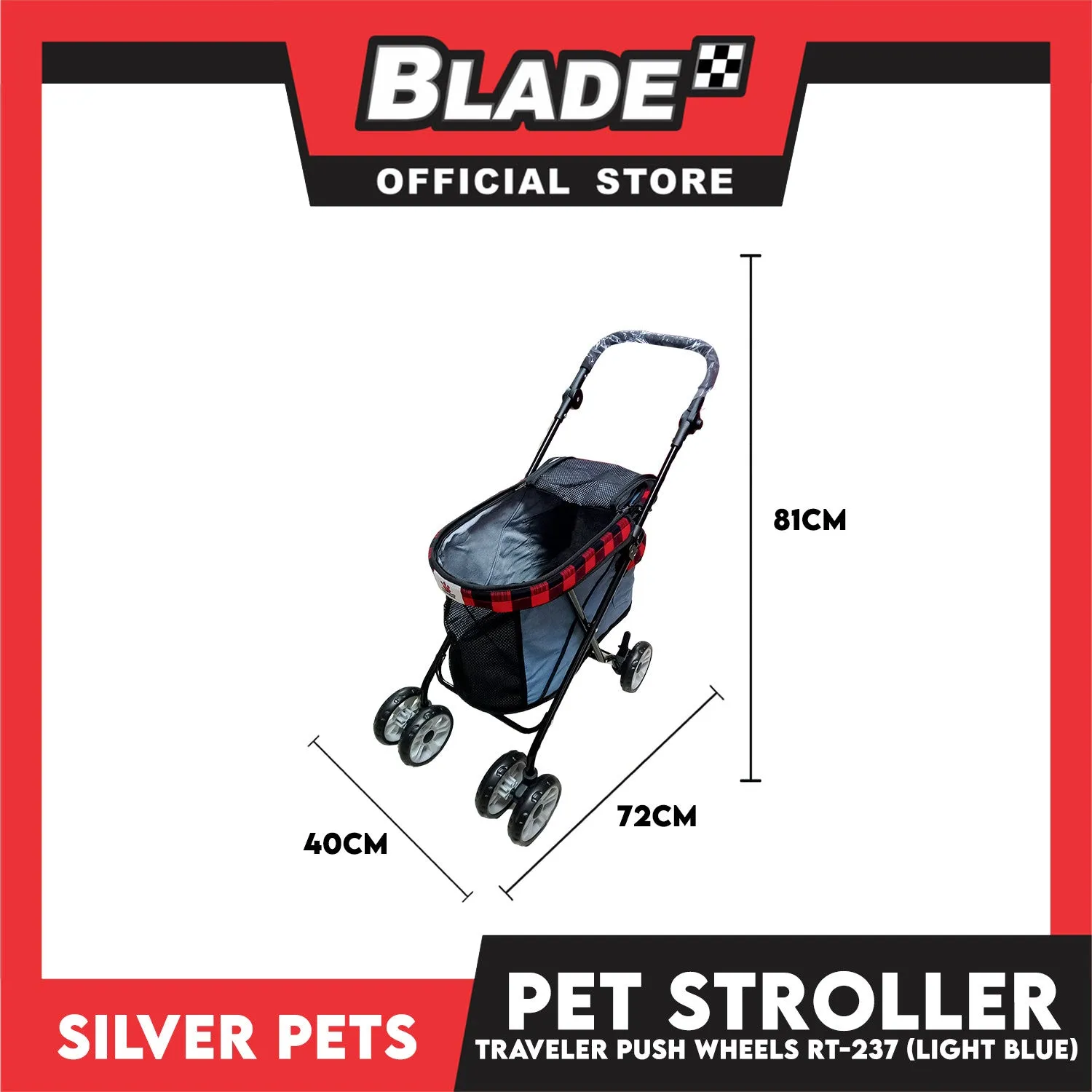 Silver Pet Foldable 4-Wheeled Travel Stroller For Dog And Cat Accessories (Light Blue) RT-237