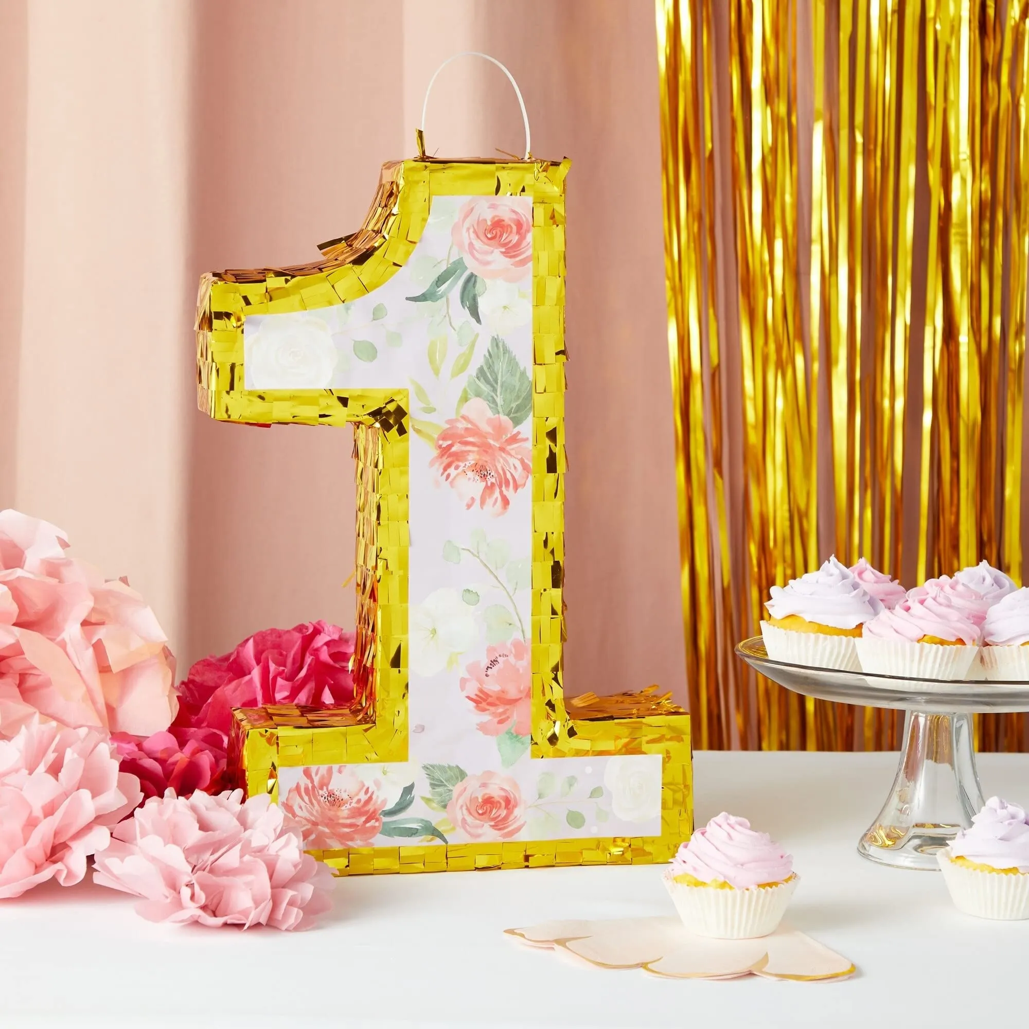 Small Floral Number Pinata with Gold Foil   Pull Strings for Girls