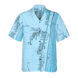 The Pompano Beach Canals Blues Coconut Button Camp Shirt