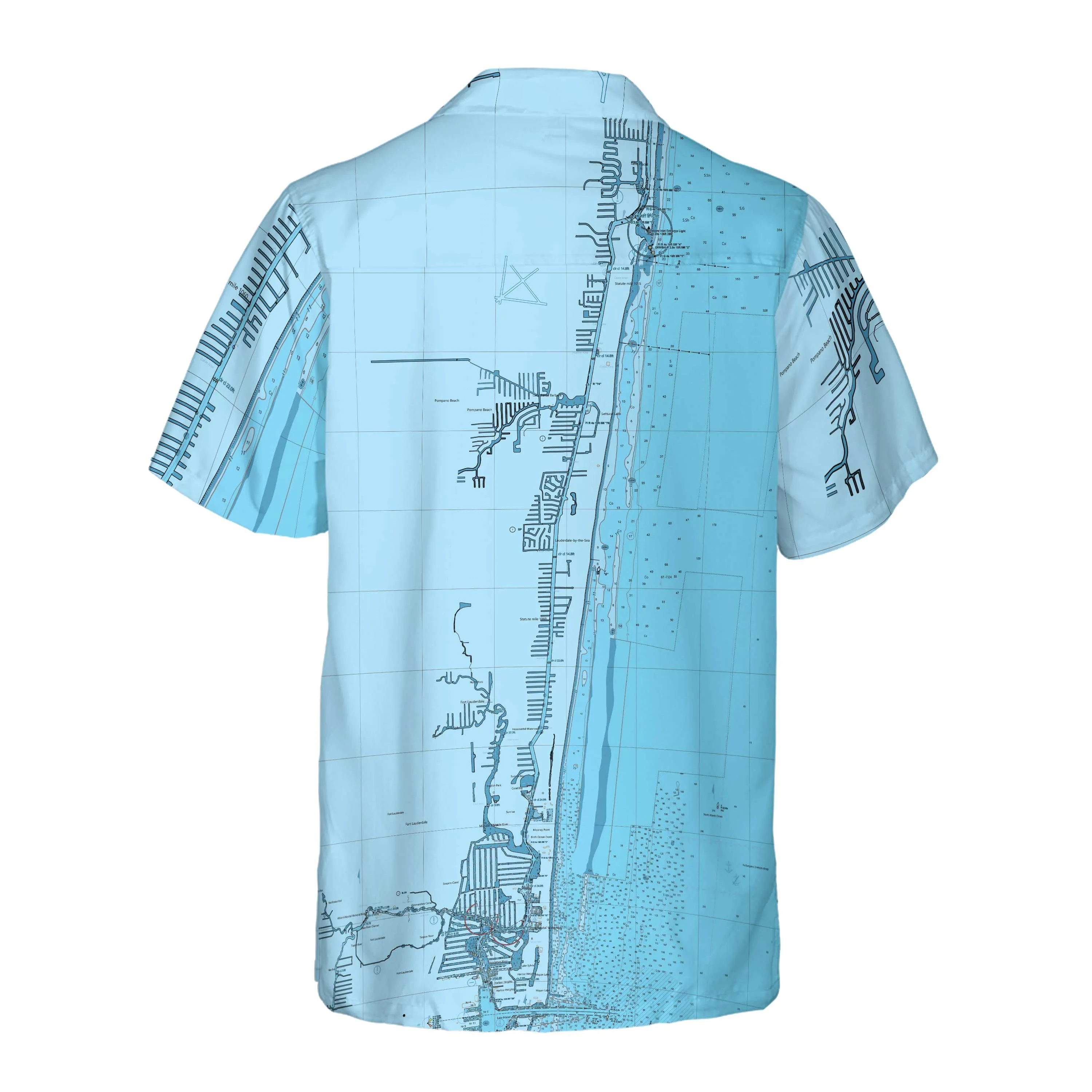 The Pompano Beach Canals Blues Coconut Button Camp Shirt