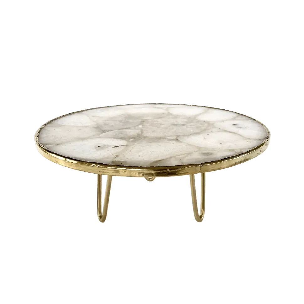 White Crystal Agate Cake Stand with Brass Legs